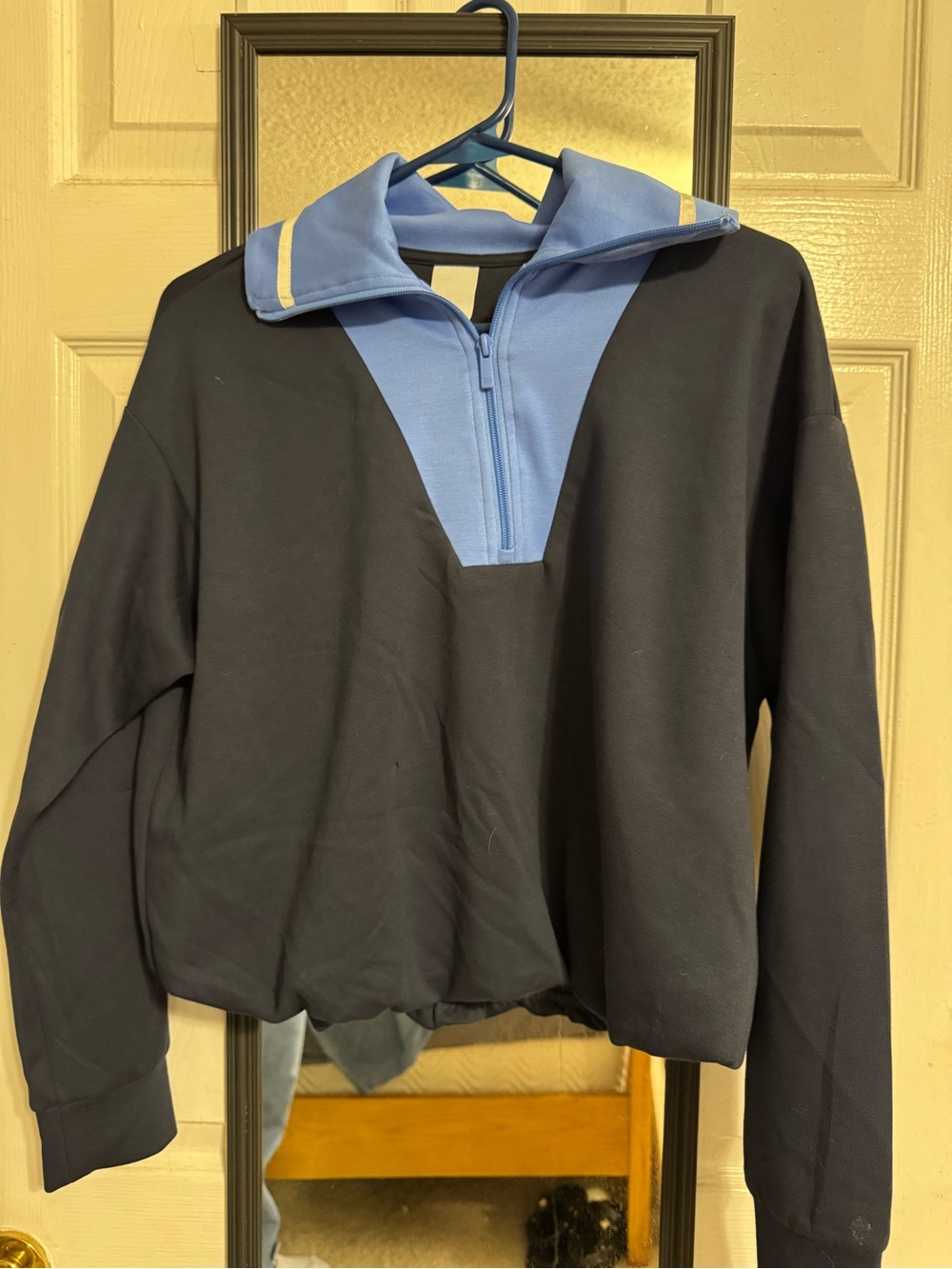 all in motion navy Half-Zip Sweater with Light Blue Collar and cream Trim